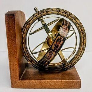 Vintage Italian Brass Armillary Sphere Zodiac Climate Zones Wooden Base Antique